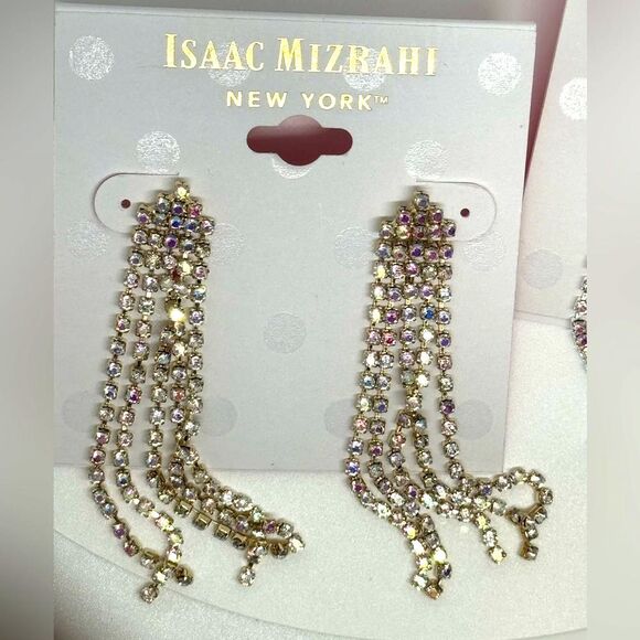 ISAAC MIZRAHI Gold Tone Crystal Dangling Post  Earrings - Picture 1 of 10